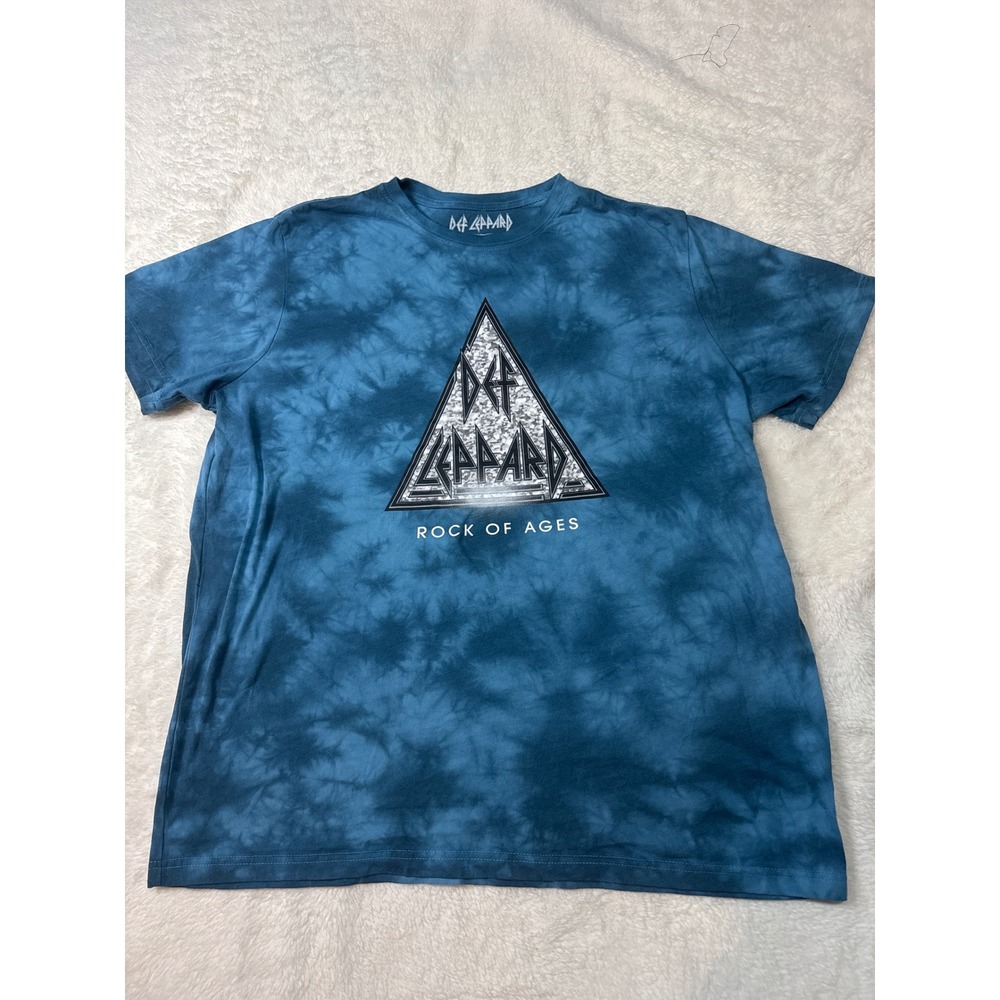 Def Leppard Graphic Tee Mens XXL Blue Excellent Rock of Ages Tie Dye Band Shirt